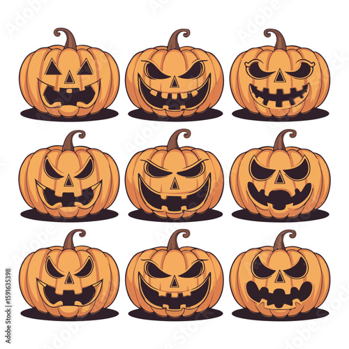 Set of Halloween scary pumpkin jack o lantern faces