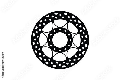 Detailed Bicycle Disc Brake Rotor Design with Circular Vents and Perforations in Black and White silhouette bicycle disc brake rotor presented striking black