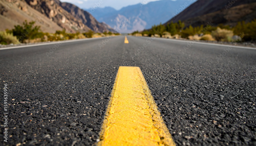 Fototapeta premium Open Road to Adventure: An expansive asphalt highway stretches toward distant mountains. capturing the essence of freedom, travel, and the open road.
