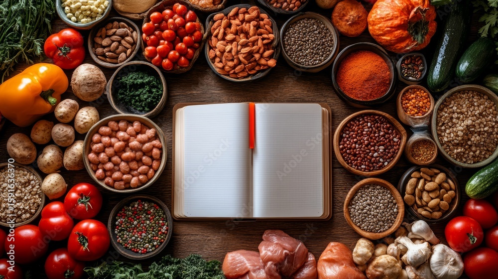 Fototapeta premium Open notebook mockup with keto diet food ingredients on wooden background, space for recipes ideas