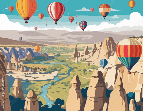 A dynamic vector scene of vibrant hot air balloons soaring over the iconic rock formations of Cappadocia, ideal for tourism, travel, or outdoor adventure concepts.