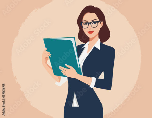 Business woman in glasses holding a folder in her hands. Vector illustration. Happy Women's Day greeting card.