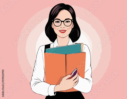 Business woman in glasses holding a folder in her hands. Vector illustration. Happy Women's Day greeting card.
