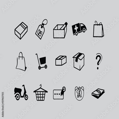 Collection of simple black and white icons representing shopping and delivery services