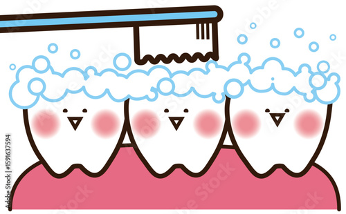 歯磨きされているかわいい歯のマスコットキャラクター