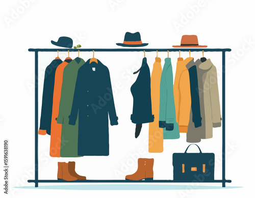 Winter clothes on racks. Fashion warm apparel on hanger. Wardrobe storage. Clothing assortment rail. Secondhand casual garments. Coats at shelving. Hats and boots. Garish
