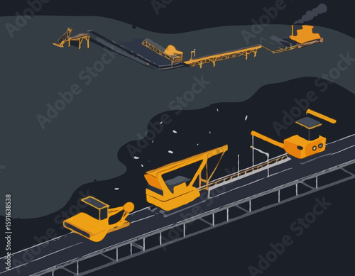 Coal Mining Operation with Conveyor Belts and Mining Equipment, Suitable for Educational Materials and Industry Analysis Reports.