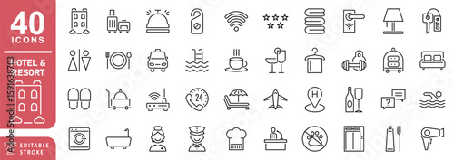 Hotel & Resort set of linear icons. Editable stroke. Includes a Hotel, Bed, Hotel Reception, Service Bell, Restaurant, Bathtub, Bathrobe, Hair Dryer, Cleaning