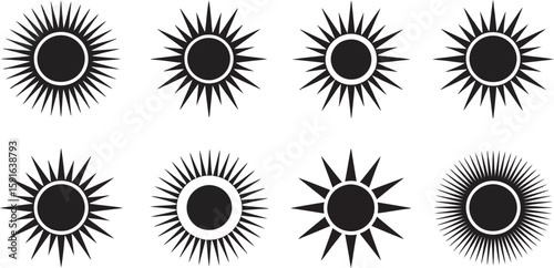 Diverse sunburst vector graphic collection featuring a variety of artistic sun designs for creative projects and graphical applications.