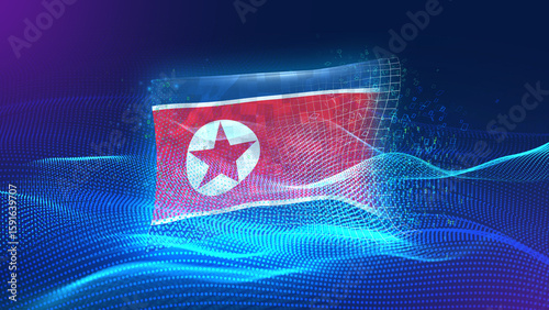 north-Korea A futuristic digital background merging with a national flag symbol, representing the concept of technology, innovation, and digital transformation while preserving cultural identity.
