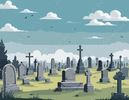 Old Cemetery with Weathered Tombstones Under Cloudy Sky