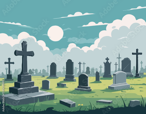 Old Cemetery with Weathered Tombstones Under Cloudy Sky
