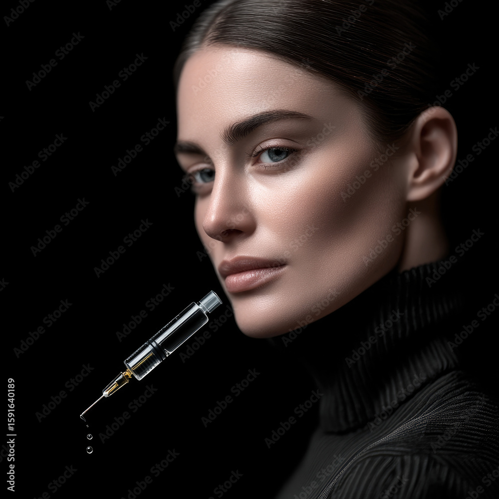 Obraz premium Elegant woman with flawless skin, aesthetic doctor holding syringe, beauty treatment, dark background, confident expression
