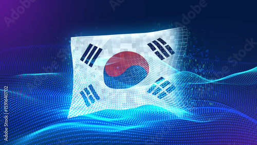 south-korea A futuristic digital background merging with a national flag symbol, representing the concept of technology, innovation, and digital transformation while preserving cultural identity.