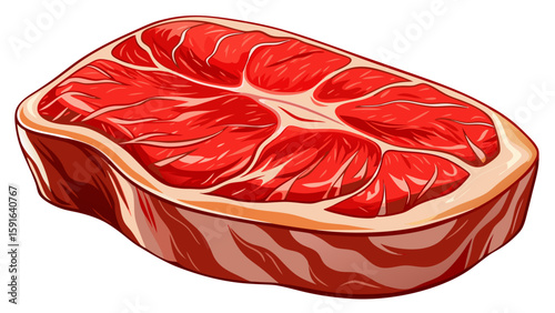 Fresh raw beef steak sirloin with visible marbling lies on a clean white background. The bright red meat and delicate fat streaks create a perfect visual for premium steak vector illustration.