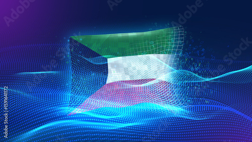 kuwait A futuristic digital background merging with a national flag symbol, representing the concept of technology, innovation, and digital transformation while preserving cultural identity.