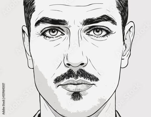 Hand-Drawn Male Face with Intense Eyes in Ink Illustration