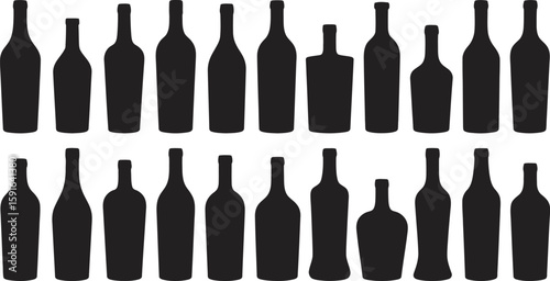 Black silhouettes present variety of wine bottles for background, drinks concept and bar design over a plain white background.