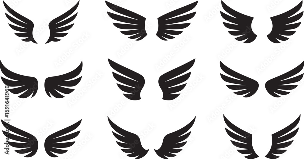 Fototapeta premium Collection of stylized wing illustrations, presenting various shapes and arrangements, perfect for design elements and creative applications.