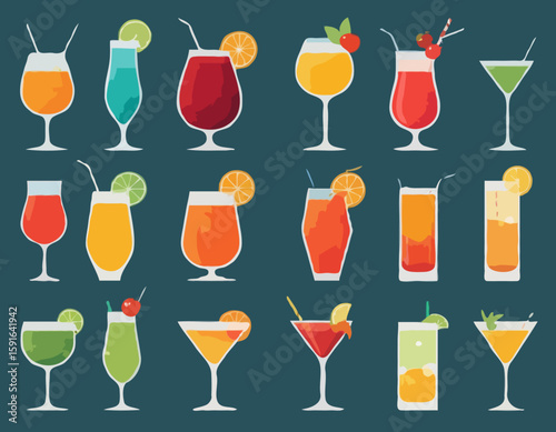 cocktails and drinks in various glass styles