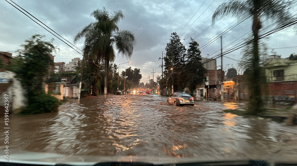Fototapeta premium ヤシの木が並ぶ通りが冠水し車が立ち往生する光景。都市型水害やインフラ脆弱性を伝える素材に適した一枚。 