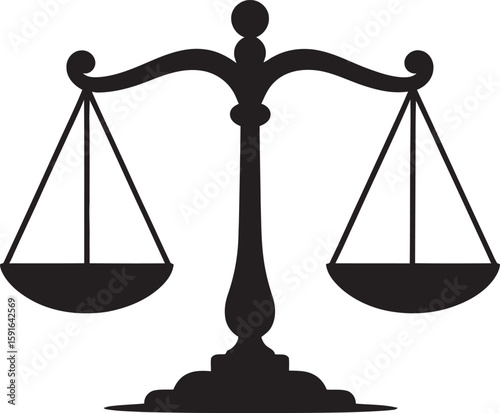 Black silhouette of scales of justice representing law and legal system on a plain white background.