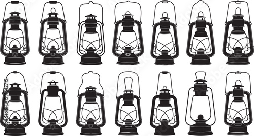 A collection of vintage kerosene lamps displayed in a vector black and white silhouette line drawing format for design elements.