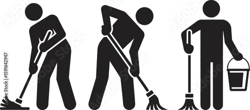 Cleaning staff icons illustrate diverse floor cleaning tasks with a mop, broom, and bucket in a simplistic black and white design.