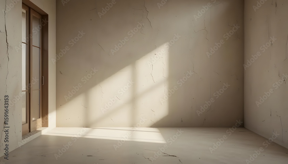 Empty Sunlit Room with Cracked Walls and Wooden Window Empty Sunlit Room with Cracked Walls and Wooden Window