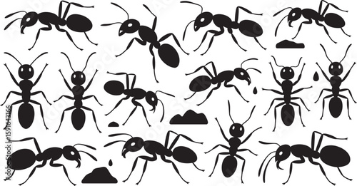 Cartoon ant silhouettes showcase nature insects crawling, suitable for educational designs and illustrations needing a simple graphic element.
