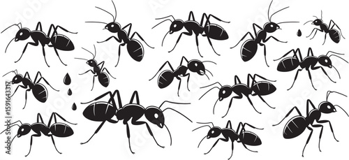 Many black ants are displayed in various poses on a white background in this stylized invertebrate art.