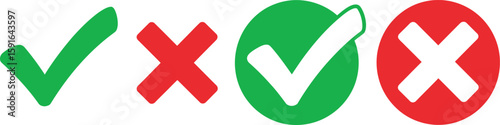 Green check mark and red cross symbols represent correct and incorrect options for decisions.