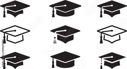 Graduation caps displayed in a grid showcase higher education, academic success, and scholarly achievement in simple black and white.