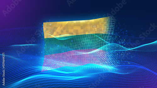 lithuania A futuristic digital background merging with a national flag symbol, representing the concept of technology, innovation, and digital transformation while preserving cultural identity.