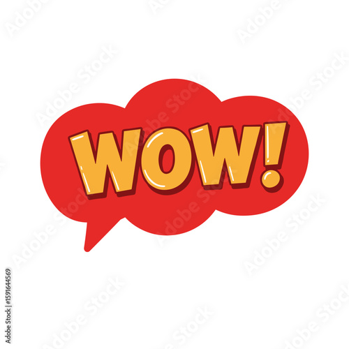 Red speech bubble presents word 'wow', with exclamation mark, inside simple cartoon dialog shape. Speech bubble announces surprise and excitement, conveys strong emotional reaction