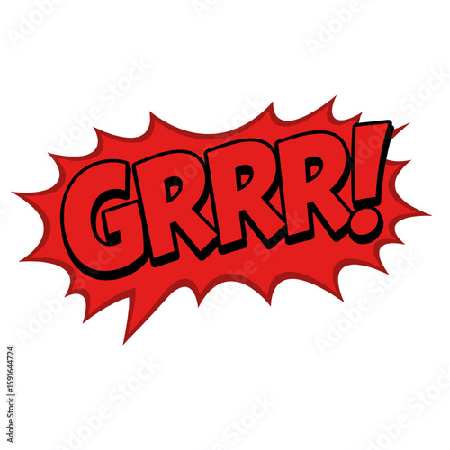 Red comic speech bubble with bold lettering on white backdrop for expressive communication. Grrr lettering inside of comic speech bubble is reminiscent of anger and rage.