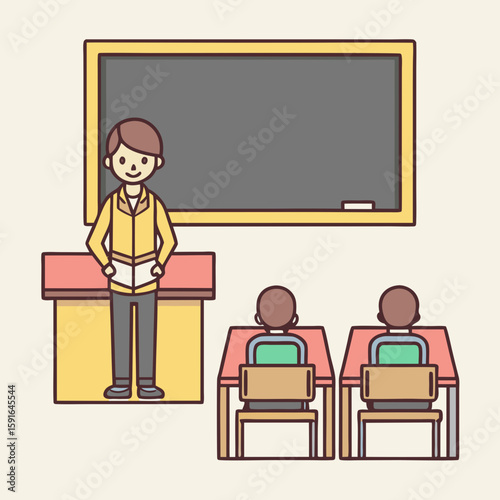 Teacher at blackboard in classroom icon