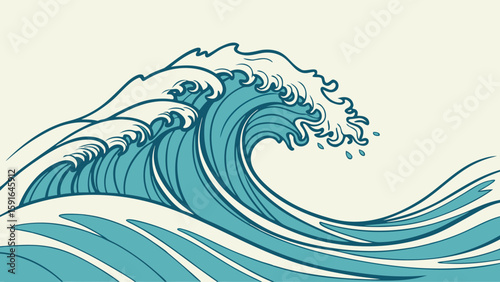 A dynamic illustration of a blue wave cresting dramatically, showcasing intricate details and a sense of movement.