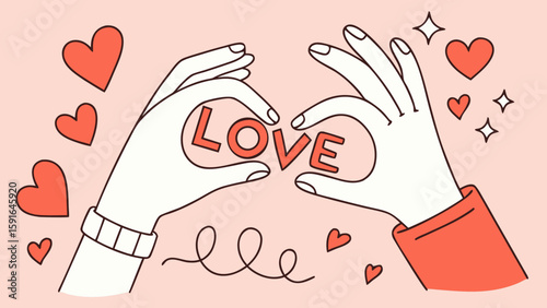 Two hands forming a heart shape around the word 'LOVE', surrounded by playful hearts and sparkles.