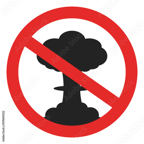 Isolated illustration prohibition on detonating nuclear bombs. Atomic bomb mushroom clouds silhouette nuclear bomb