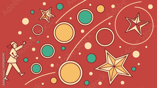 A woman in a red outfit joyfully points at colorful stars and circles in a whimsical cosmic design.