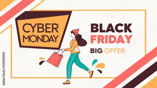 A cheerful woman with a shopping bag celebrating Black Friday and Cyber Monday sales in a vibrant, modern design.
