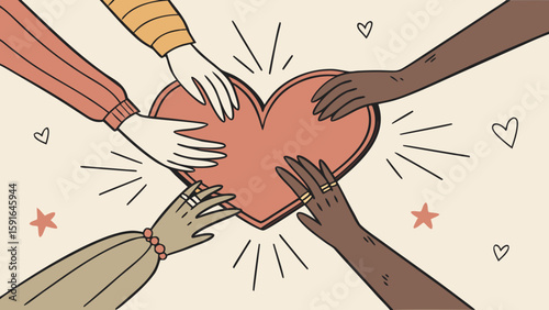 Diverse hands reaching for a heart symbol, showcasing love and unity among different backgrounds.