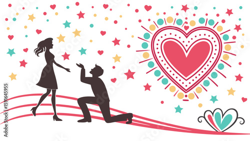 Silhouette of a man proposing to a woman, surrounded by hearts and stars, representing love and romance in a vibrant design.