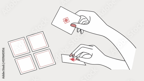 A close-up of a person's hands engaged in a card matching game with illustrated cards on a light background.