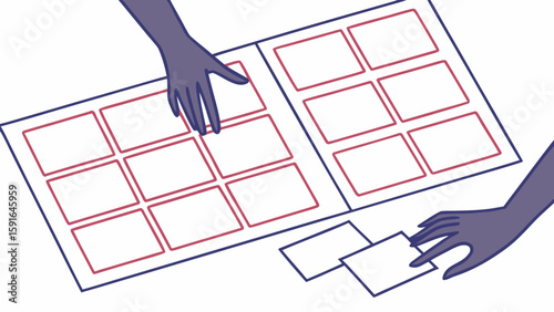 Two hands arranging photo frames on a blank canvas, focused on creativity and design.