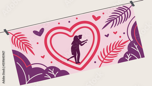 Colorful illustration of a couple in love, surrounded by hearts and tropical leaves.