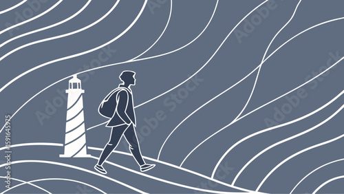 A silhouette of a traveler walking by a lighthouse amidst swirling waves, evoking a sense of adventure and solitude.