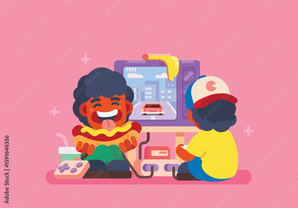 Fototapeta premium Boys playing console. Vector illustration.
