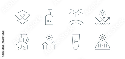 Set of sun protection and UV care icons, including sunscreen lotion, SPF shield, sunlight reflection, skin health, UV rays, hydration, and linear minimalist style vector symbols.